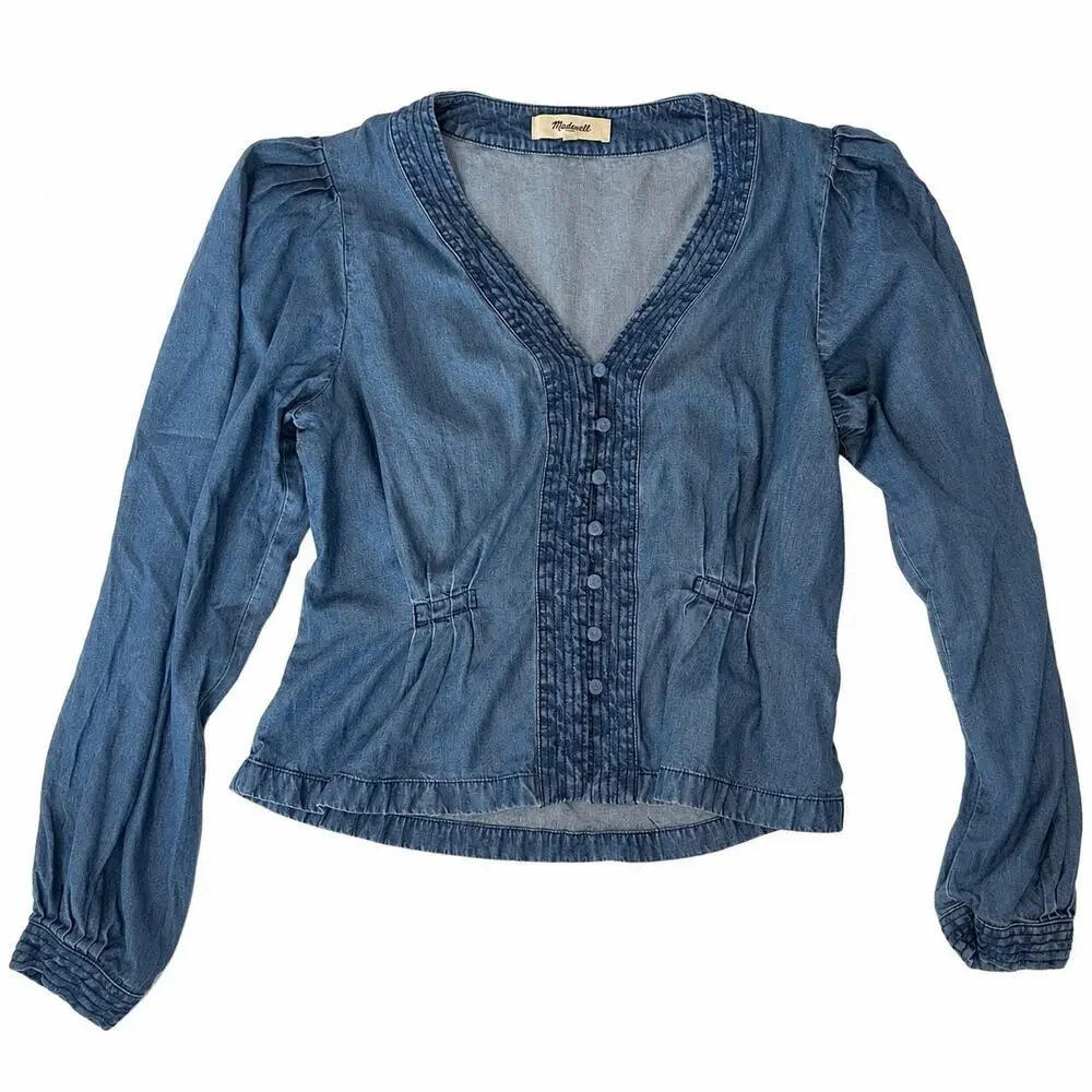 Madewell chambray balloon sleeve peplum blouse. Sloft V neck cottagecore Women 8 - Picture 2 of 7